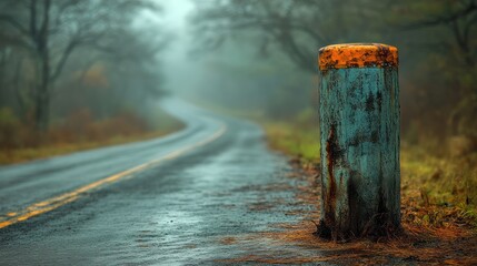 Weathered Post Along a Foggy Roadside in Autumn Landscape