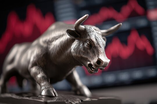 A powerful bronze bull statue symbolizes the fluctuating stock market trends, with a visible red downtrend graph suggesting economic uncertainty and financial challenges.