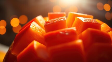 Close-up of cubed, vibrant orange fruit, likely mango, displayed in a pleasing manner