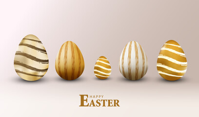 Happy Easter Card, collection of gold eggs, holiday easter banner, vector background.