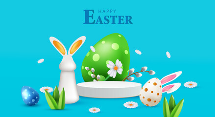 Easter card with podium, eggs, bunny and flower. Holiday 3D mock up composition design. Happy Easter vector.