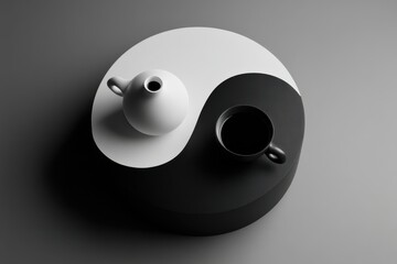 A conceptual representation of Yin and Yang with a teapot and a teacup, embodying balance and harmony, showcasing contrasting elements in a minimalist setting.