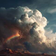 Dramatic Landscape with Storm Clouds and a Rainbow Emerging, Symbolizing Hope, Featuring Rich Textures and Dynamic Lighting in a Stunning Digital Art Style