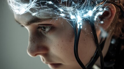 Obraz premium Close-up of a Young Individual Engaged with a Bio-Neural Performance Suite, Highlighting Mind Enhancement Technology through Luminous Neural Connections and a Futuristic Interface
