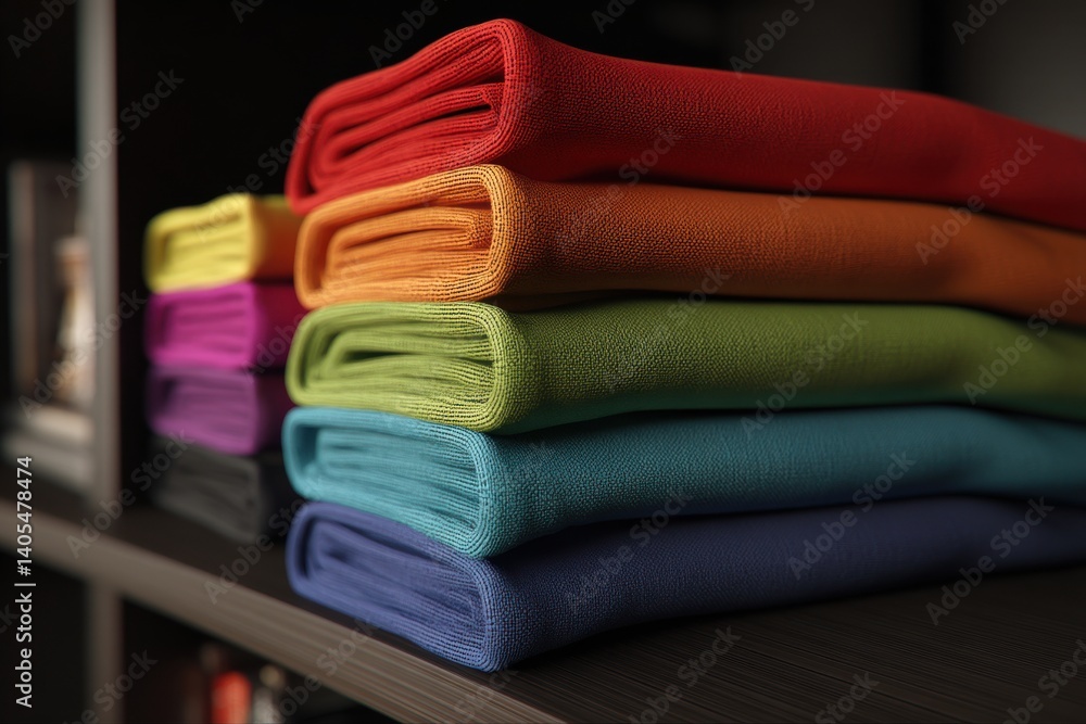 Poster a neat stack of folded colorful fabrics or textiles, creating a vibrant and organized display, perfe