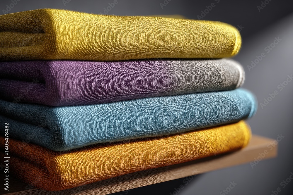 Poster a neatly folded stack of colorful textile towels on a wooden shelf, presenting a vibrant display of 