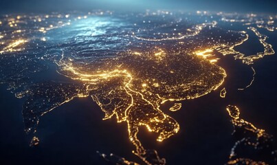 Night lights illuminate East Asia's coastal cities, showcasing urban sprawl and global connectivity; ideal for geography, travel, or technology presentations