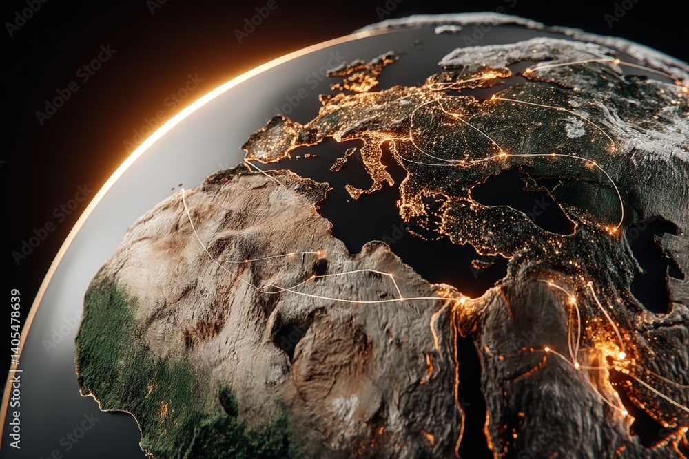 Poster global connectivity illuminated earth map with data networks digital realm nighttime view technology