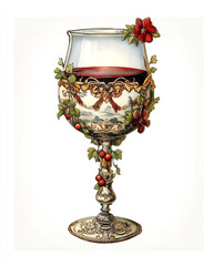 Vintage Victorian-style themes illustration wine glass , on a white background, very detailed with vintage colors
