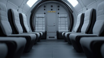 Futuristic space transport interior spacecraft digital render minimalist wide angle innovative design