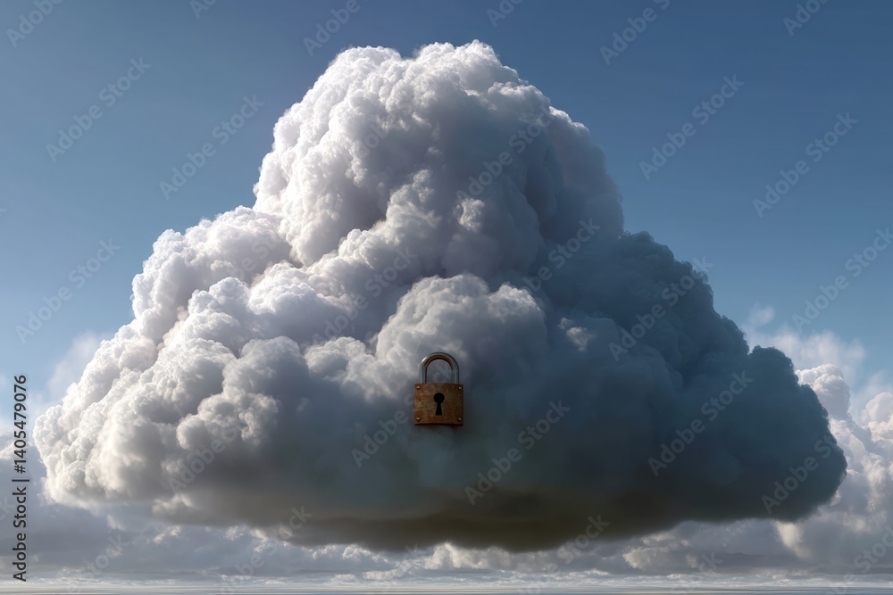 Poster mystical cloud with lock symbolizing digital security sky digital artwork surreal environment eye-le
