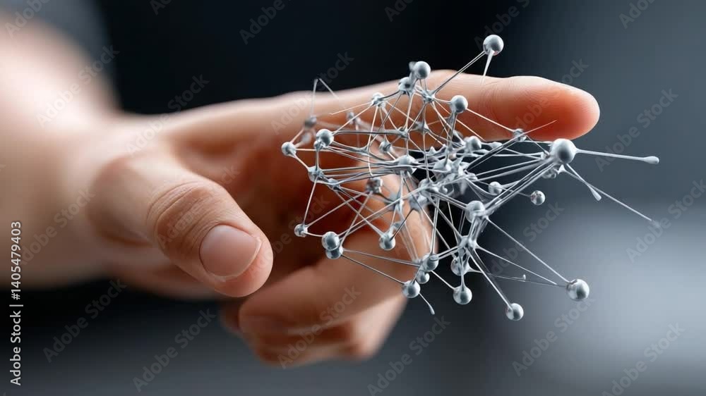 Poster networked connection: a close-up photograph of a hand holding a intricate network of interconnected 