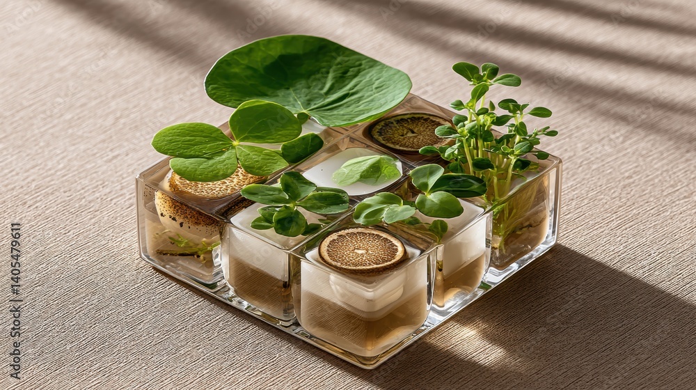 Poster clear tray with geometric plant-based jellies aligned perfectly in grid, presented in anti-gravity c