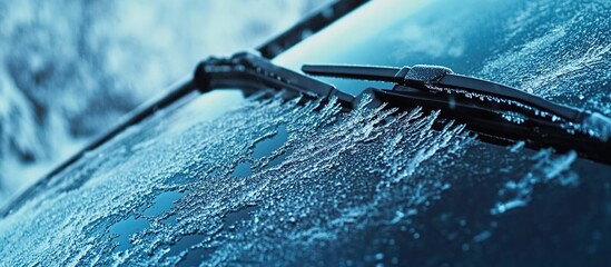 A car windshield covered with thick frost and falling snowflakes, blurred snowy landscape in the background under soft diffused winter light