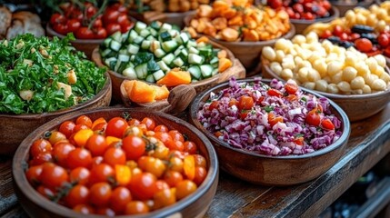 Vibrant display of fresh vegetables and fruits in wooden bowls at a bustling market scene