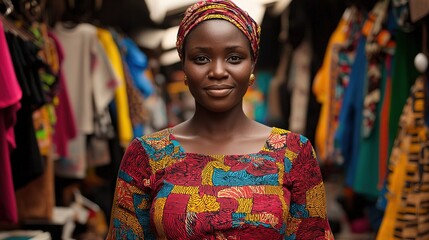 Fototapeta premium Vibrant market scene featuring local woman urban setting portrait photography colorful textiles close-up cultural identity