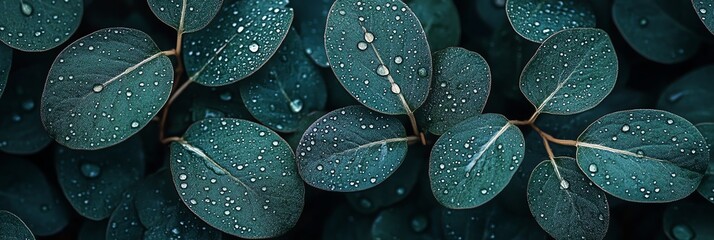 Obraz premium Serene soft-focus green leaves with glistening water droplets, perfect for spa, wellness, or zen-themed designs. A calming, natural backdrop for relaxation and mindfulness projects.