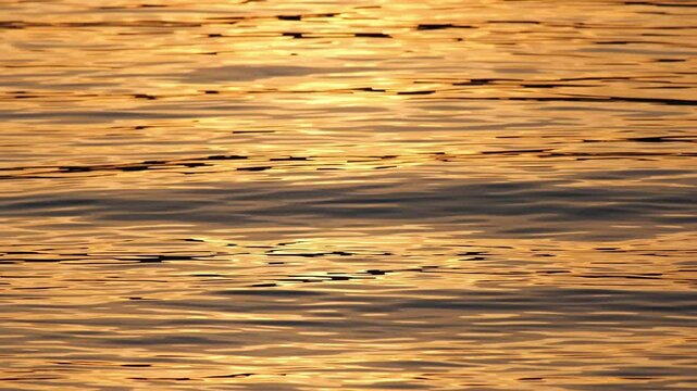 Beautiful golden sunset reflections on dark blue water surface. Continuously changing wavy sea surface for background. Neutral mirror effect, sun glittering around. Calm and meditative nature concept.