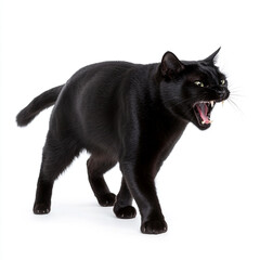 A hissing black cat with arched back and bared teeth