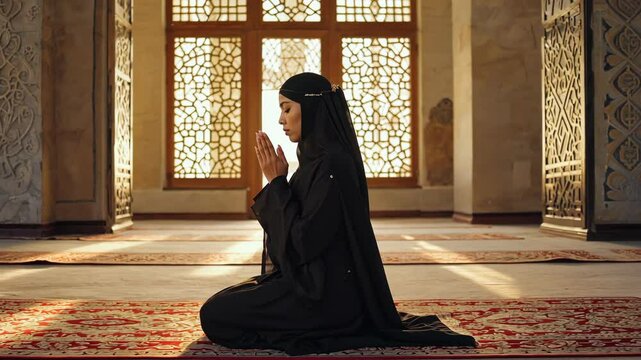 Young woman praying in a mosque with intricate window, dressed in black abaya, head covered, hands folded in supplication during religious observance