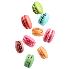 Colorful Macarons Falling on a Black Transparent Background Isolated Photo