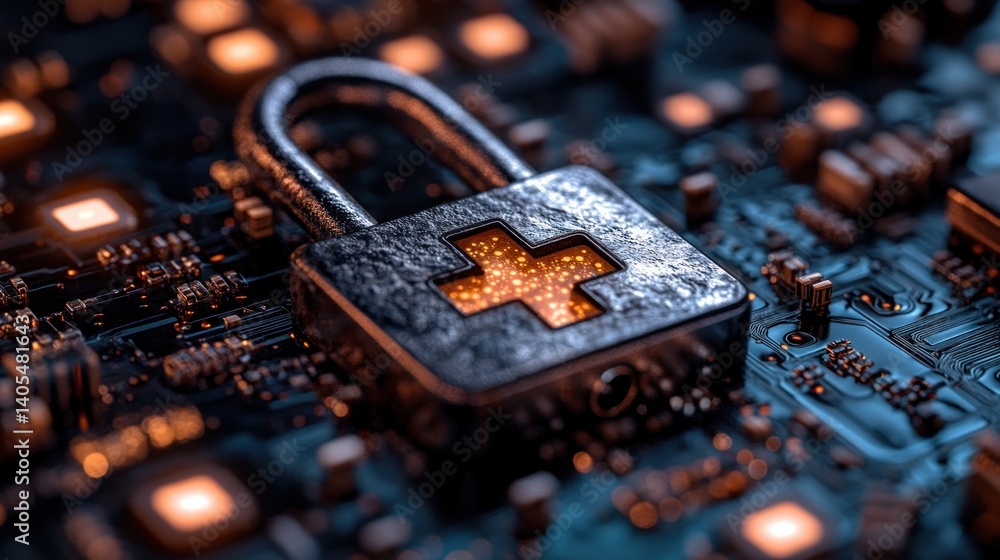 Poster digital health security: a padlock on a circuit board protecting sensitive data