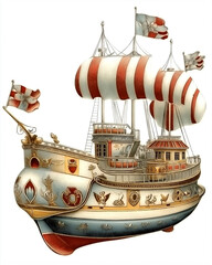 Vintage Victorian-style themes illustration war boat ship , on a white background, very detailed with vintage colors