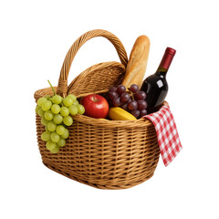 Picnic basket with grapes, apples, wine, and bread, cut out on a transparent background. Generative AI.