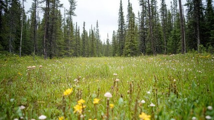 Obraz premium A clearing in a coniferous forest, vibrant wildflowers carpet the ground