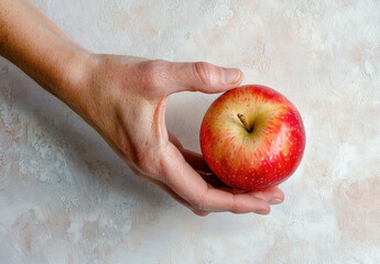 Top view of a hand picking up a delicious red apple from a colorful table. Generative AI.