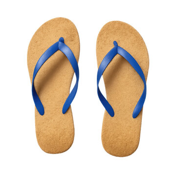 Cork flip-flops with blue cutout straps on a transparent background. Generative AI.