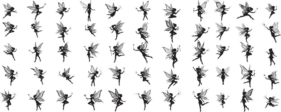 Cute Fairy art. Beautiful Fairies silhouette collection, Little fairies set. Hand drawn vector illustration