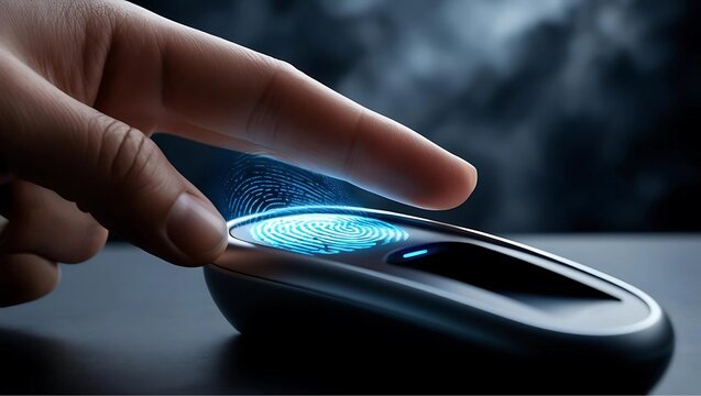 Close-up of a finger scanning on a biometric fingerprint reader with a glowing digital interface, representing secure identification and modern technology.