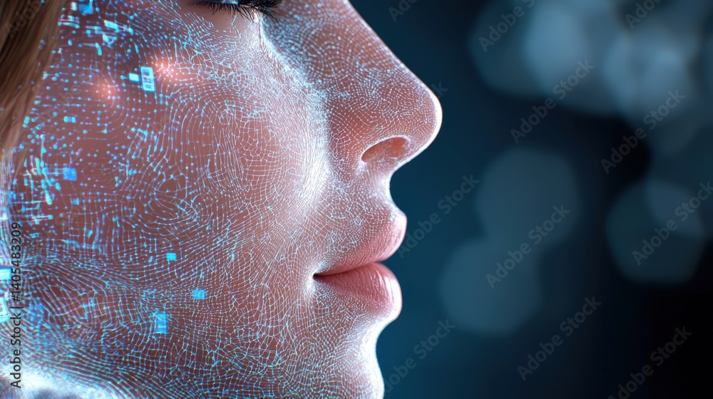 Poster exploring the intersection of technology and humanity digital face projection in futuristic environm