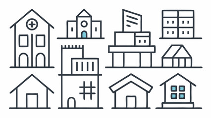 Line icon collection for building and architecture featuring structural elements ideal for engineering presentations, project proposals, and real estate visuals