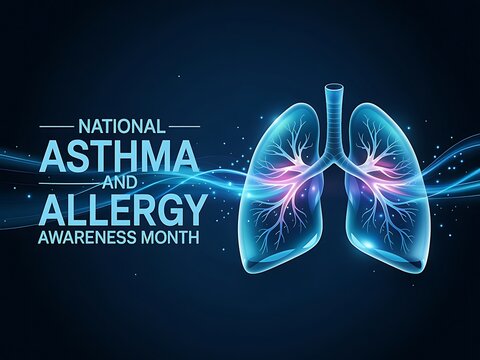Luminous lungs shine a light on National Asthma and Allergy Awareness Month, glowing with vibrant blue and pink hues against a dark background.