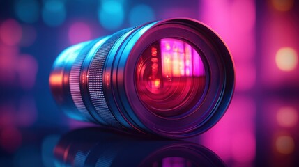 Close-up of a professional camera lens in vibrant neon lighting.  Bokeh effect highlights lens elements