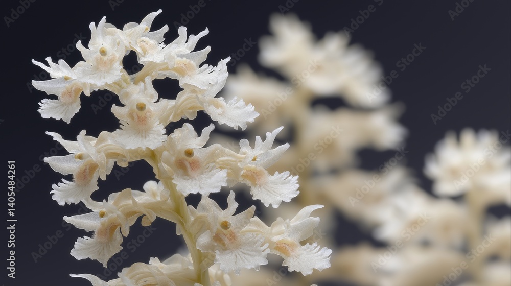 Poster delicate white orchid blooms displaying intricate petals and fine details in macro view