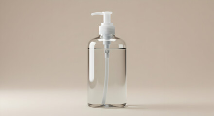 Transparent Hand Sanitizer Bottle With White Pump On Beige Background