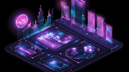 Glowing neon interface design with abstract tech elements and digital network grid background
