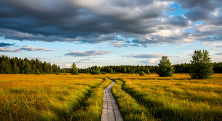 Naklejka premium Golden wheat field under a blue cloudy sky