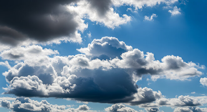 Dark storm clouds over bright blue sky