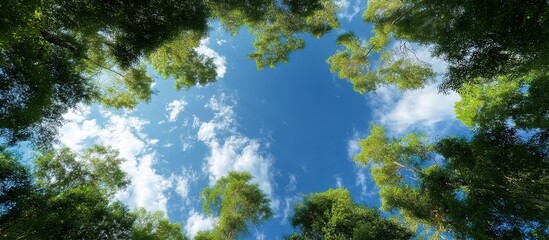 Obraz premium An upward-angle view of dense green tree canopies framing a clear blue sky with fluffy white clouds, sunlight filtering through leaves creating dappled shadows