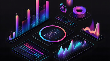 Futuristic neon data visualization dashboard with glowing graphs and charts on dark background