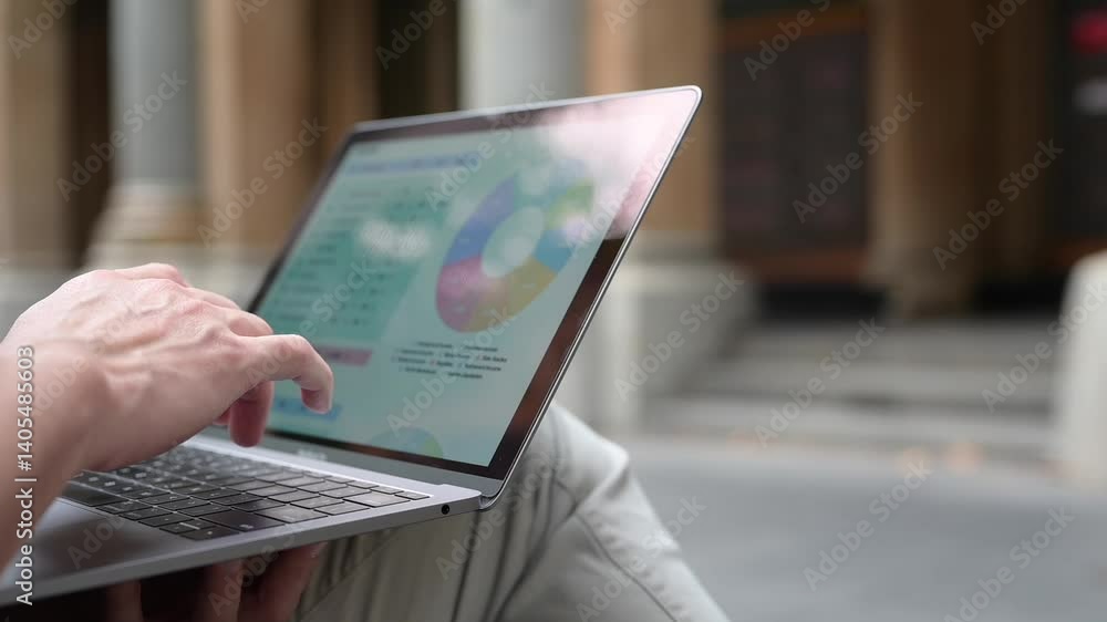 Poster man working on laptop data analysis and business management