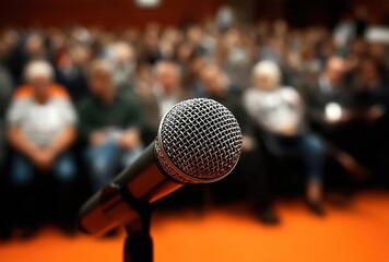 Obraz premium Close-up of a metallic mesh microphone standing on an orange-rubberized stage surface, blurred silhouettes of audience members in warm backlight, dynamic spotlight reflections on microphone texture.