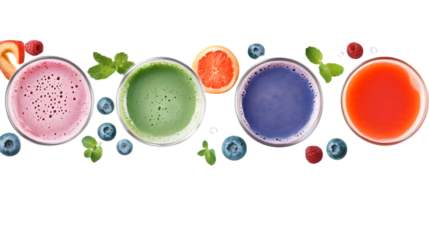 Colorful Smoothie Drinks With Fresh Fruit and Mint Isolated on Black Background