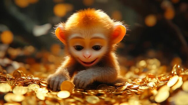 Cute monkey in gold coins, playful, fantasy scene, possible for children's books or games