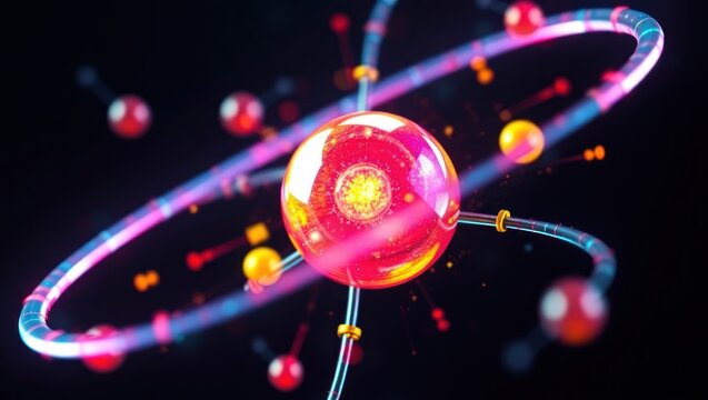 Atomic structure, vibrant colors, and glowing energy.  Detailed representation of atomic particles in motion, with energy rings and connections