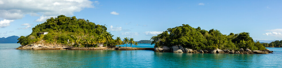 Panoramic view tropical paradise islands de Cataquases near big island (Ilha Grande), sea of Angra dos Reis bay, beach holidays on the coast of Rio de Janeiro, Brazil, world heritage site